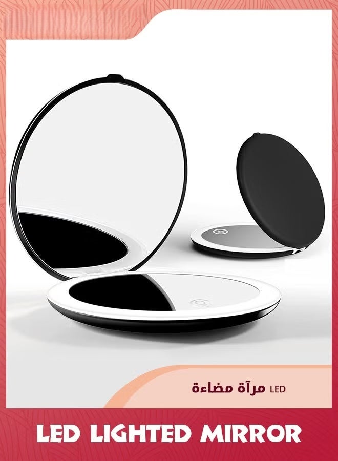 EETU LED Lighted Mirror,1X/5X Magnification Compact Mirror Travel Makeup Mirror,Illuminated Folding Mirror,Handheld 2-Sided Mirror,Portable Folding Mirror For Pocket,Black - Image 1